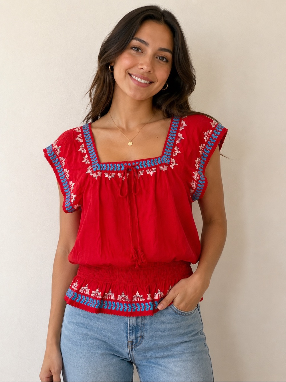 American Eagle Outfitters Red Square-Neck Embroidered Peasant Top